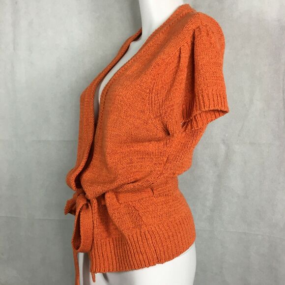 C'est City Cardigan Womens Sz L Orange Cotton Linen Knit Short Sleeve Sweater - Picture 3 of 7